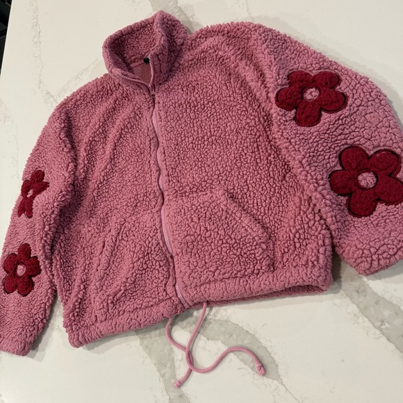 PacSun Full Zip Flower Long Sleeve Teddy Sherpa Jacket Women’s XS Pink Cozycore - Picture 3 of 7